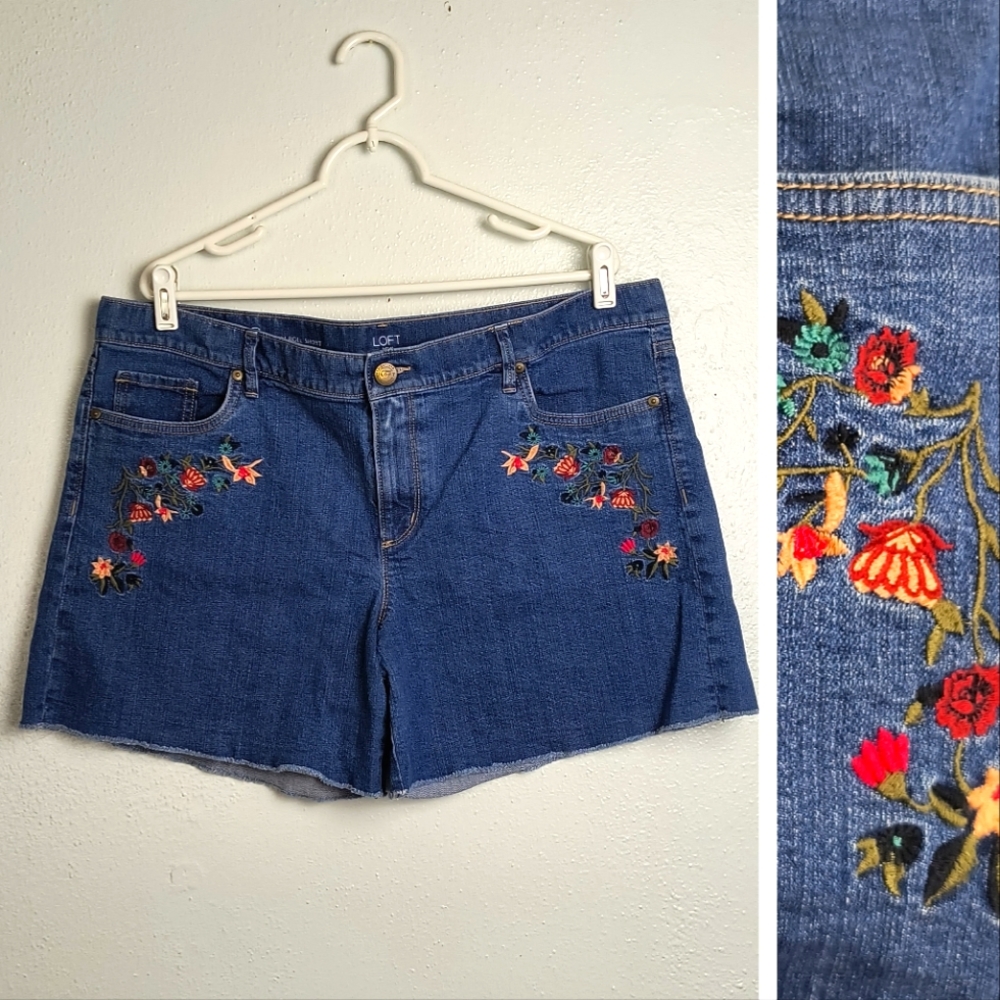 Loft High Rise Denim Roll Short 16 Blue Embroidery 5 Pocket Raw Hem
